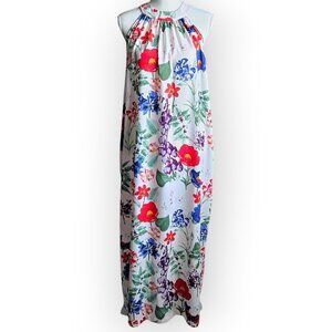 NEW! Chelsea & Theodore Red White Blue Green Floral Print Maxi Dress. US Size M.